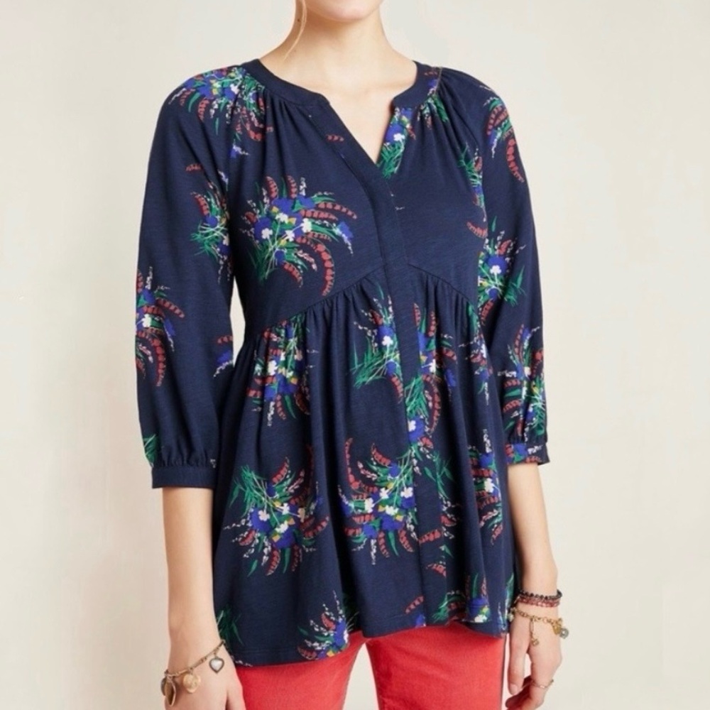ANTHROPOLOGIE Maeve Winona Tunic Top Floral Multicolor Dark Blue Medium NWT